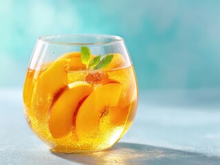 Poster - Refreshing peach iced tea with mint and peach slices in summer light on pastel backdrop