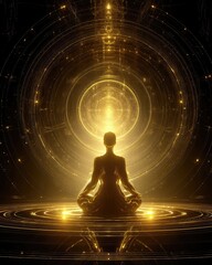 Poster - Golden light radiates from heart center of meditative figure amid mandalas and celestial patterns