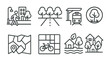 © Влада Яковенко - Cityscape and urban planning icon set – outline style symbols for architecture, public transit, and green spaces: skyscraper, tree-lined street, tram, map, bicycle lane, homes, park