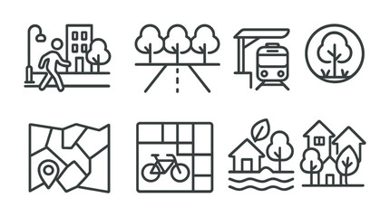 cityscape and urban planning icon set – outline style symbols for architecture, public transit, and 
