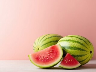 Poster - Colorful watermelon still life featuring whole fruit and slices against pastel pink background