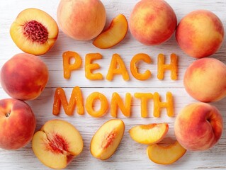 Poster - Celebrate Peach Month with vibrant cut peaches and freshly sliced fruit arranged beautifully