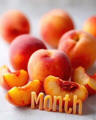 Poster - Celebrate peach month with delicious ripe peaches and fun cut letters in vibrant arrangement