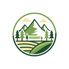 Poster - Nature-inspired logo featuring mountains, sun, and lush greenery represented through vector illustration