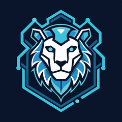 Poster - Stylized lion logo design featuring a fierce lion's head with blue accents and bold text representing a cyber theme