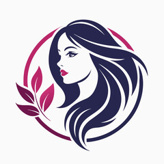 Poster - Stylized vector logo featuring a woman with flowing hair surrounded by leaves in a modern design suitable for beauty or wellness brands