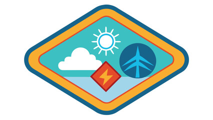 Poster - Vector illustration of a logo featuring a stylized flower design in front of a blue background with raindrops and a lightning bolt symbolizing weather resilience