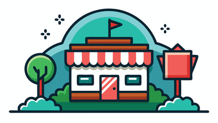 Poster - Vector illustration of a colorful logo featuring a building, mountains, and stylized clouds in a vibrant design ideal for branding or graphic use