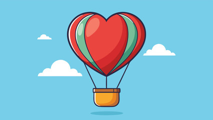Poster - Colorful heart-shaped hot air balloon soaring in a bright blue sky with clouds underneath