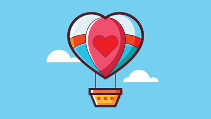 Poster - Colorful heart-shaped hot air balloon soaring in a bright blue sky with clouds underneath