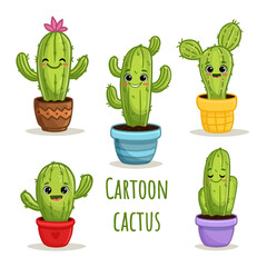 Wall Mural - Set of cute cartoon cactus with eyes on the white background. Cactus in flat style for magazine, cards, games, books. Funny cacti. Vector illustration
