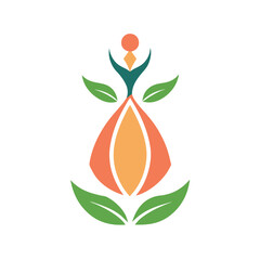 Poster - Stylized floral logo design showcasing a blossoming flower with green leaves and a central figure, representing growth and nature