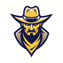 Aufkleber - Bold cowboy logo design featuring a serious figure with a yellow hat and scarf, ideal for sports teams or branding of rugged products