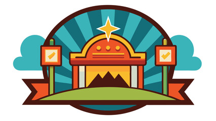 Aufkleber - Vector illustration of a colorful logo featuring a building, mountains, and stylized clouds in a vibrant design ideal for branding or graphic use