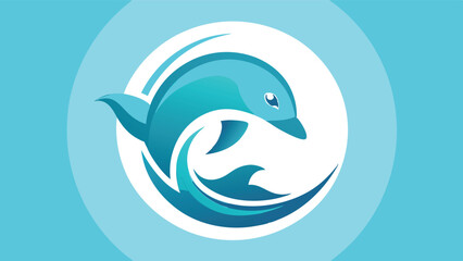 Poster - Colorful vector dolphin logo design showcasing a playful marine creature swimming amidst waves in a vibrant, calming turquoise background