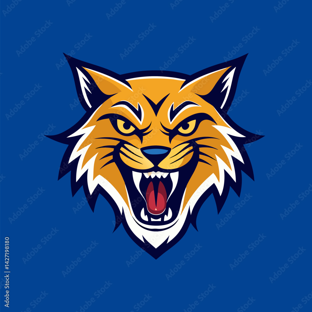 Wildcat Mascot Head: A fierce and stylized wildcat head mascot design, perfect for sports teams, logos, or branding. The wildcat's intense expression and vibrant colors convey power and ferocity.