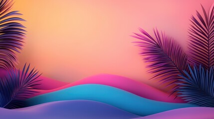 Poster - A vibrant, abstract design featuring flowing waves and tropical palm leaves against a colorful gradient background.