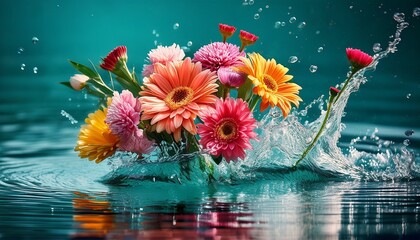 Wall Mural - vibrant floral bouquet splashing into teal water