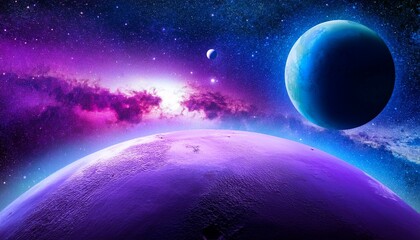 purple alien planet and blue moon in a colorful nebula