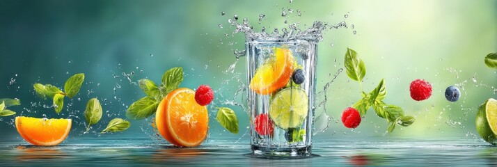 Poster - Refreshing Glass of Water With Splashing Fruits and Mint Demonstrating Hydration and Vitality in a Vibrant Setting