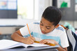 © Wavebreak Media - Boy student leaning over notebook working at desk in elementary classroom, using pencil and ruler