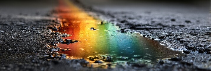 Fototapete - Intricate Rainbow Refraction in a Close-Up Oil Puddle on Asphalt After Rain Creates a Vivid Display of Colors