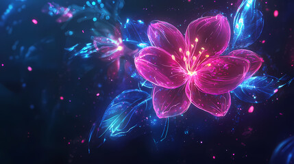 Wall Mural - Digital flower art glows with pink and purple petals, set against a dark background with blue light trails. Electric Bloom. Illustration