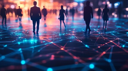 Poster - silhouette business people walking futuristic network digital cityscape abstract background technolo