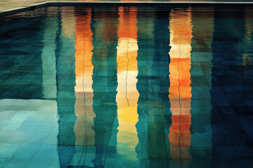 sparkling pool reflects the sun, creating a mesmerizing shimmering effect.
