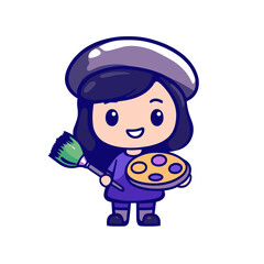 Poster - Cute cartoon artist character holding a palette and brush in a simple flat design showcasing creativity and joy