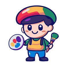 Poster - Colorful cartoon artist character holding a paint palette and brush in a playful style for creativity promotion