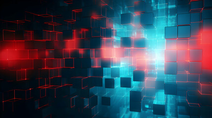 Poster - Abstract cubes composition with radiant red and cyan lights for modern style