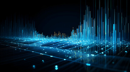 Poster - Abstract data flow visualization with glowing nodes and vertical bars