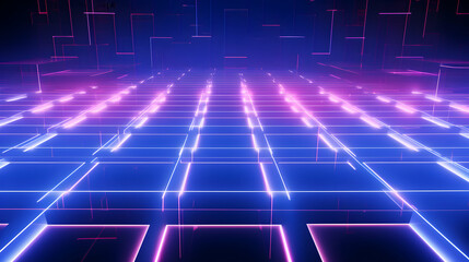Poster - Abstract Glowing Geometric Gridscape Design with Neon Pink and Blue Palette