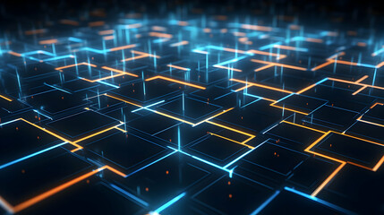 Poster - Abstract Technological Grid Background with Vibrant Glowing Lines and Platforms