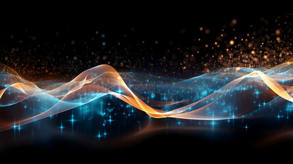 Poster - Abstract flowing golden and cyan luminous energy waves on dark background