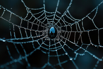 Water droplets glisten on a spider's web, capturing a moment of delicate beauty and intricate patterns in nature.