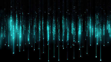 Fototapete - Abstract digital cascade of luminous turquoise data streams on black background