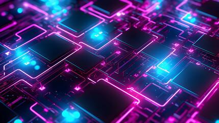 Poster - Futuristic Microchip Design with Neon Accents for High Technology Visuals