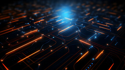 Poster - Abstract Technology Motherboard with Orange Circuitry and Blue Light Signals