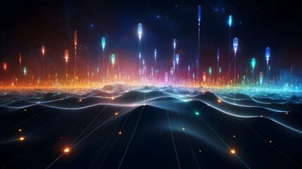 Poster - Abstract luminous landscape with glowing orbs and rising light beams at night