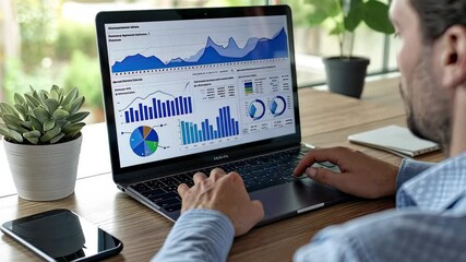 Poster - professional analyzing data on laptop with charts and graphs in modern workspace environment during 