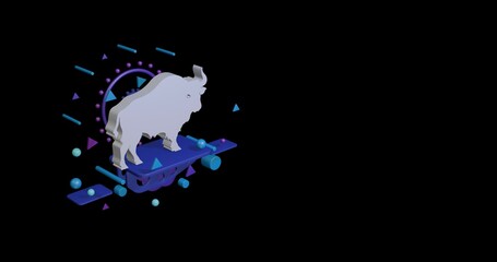 Poster - White buffalo symbol on a pedestal of abstract geometric shapes floating in the air. Abstract concept art with flying shapes on the left. 3d illustration on black background