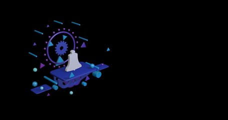 Poster - White vintage bell symbol on a pedestal of abstract geometric shapes floating in the air. Abstract concept art with flying shapes on the left. 3d illustration on black background