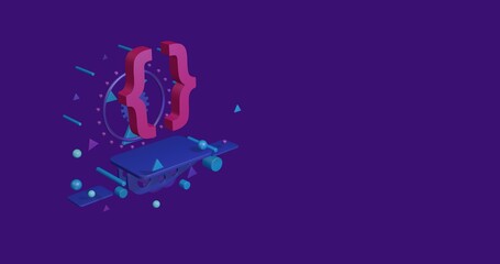 Poster - Pink curly brackets symbol on a pedestal of abstract geometric shapes floating in the air. Abstract concept art with flying shapes on the left. 3d illustration on deep purple background