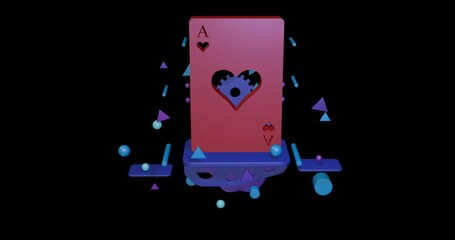 Poster - Red ace of heart card on a pedestal of abstract geometric shapes floating in the air. Abstract concept art with flying shapes in the center. 3d illustration on black background