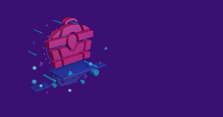 Poster - Pink treasure chest symbol on a pedestal of abstract geometric shapes floating in the air. Abstract concept art with flying shapes on the left. 3d illustration on deep purple background