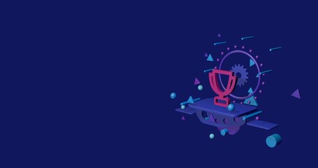 Poster - Pink trophy symbol on a pedestal of abstract geometric shapes floating in the air. Abstract concept art with flying shapes on the right. 3d illustration on indigo background