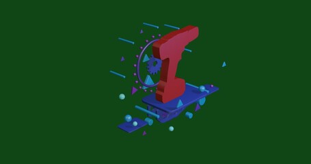 Poster - Red electric screwdriver symbol on a pedestal of abstract geometric shapes floating in the air. Abstract concept art with flying shapes in the center. 3d illustration on green background