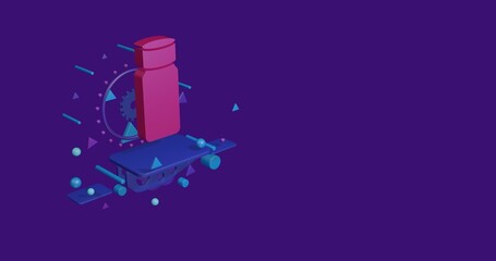 Poster - Pink salt shaker symbol on a pedestal of abstract geometric shapes floating in the air. Abstract concept art with flying shapes on the left. 3d illustration on deep purple background